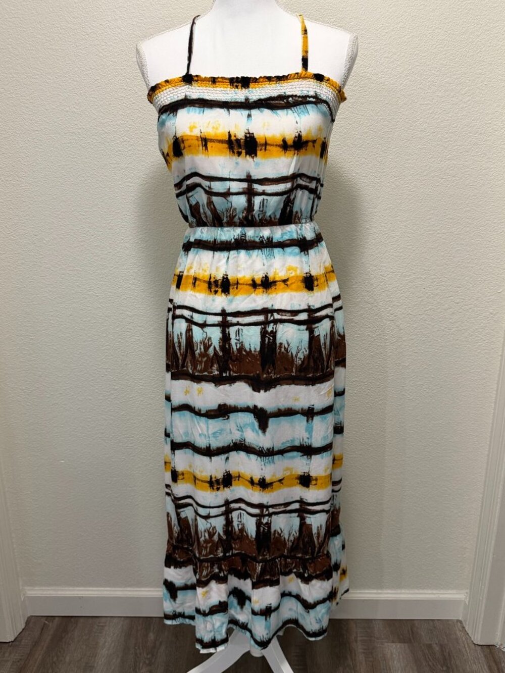 Lots of Love tie dye maxi dress with spaghetti straps and ruffle hem, small